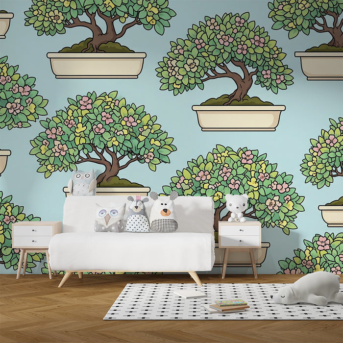 Lastenhuoneen tapetti | Kukkiva bonsai rauhoittavalla sinisellä taustalla