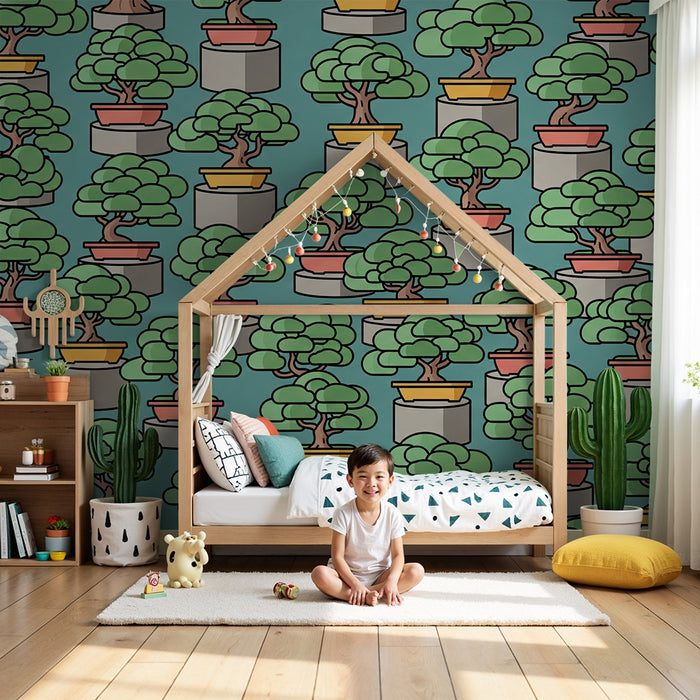 Behang kinderkamer | Kleurrijke bonsaibomen op turquoise achtergrond