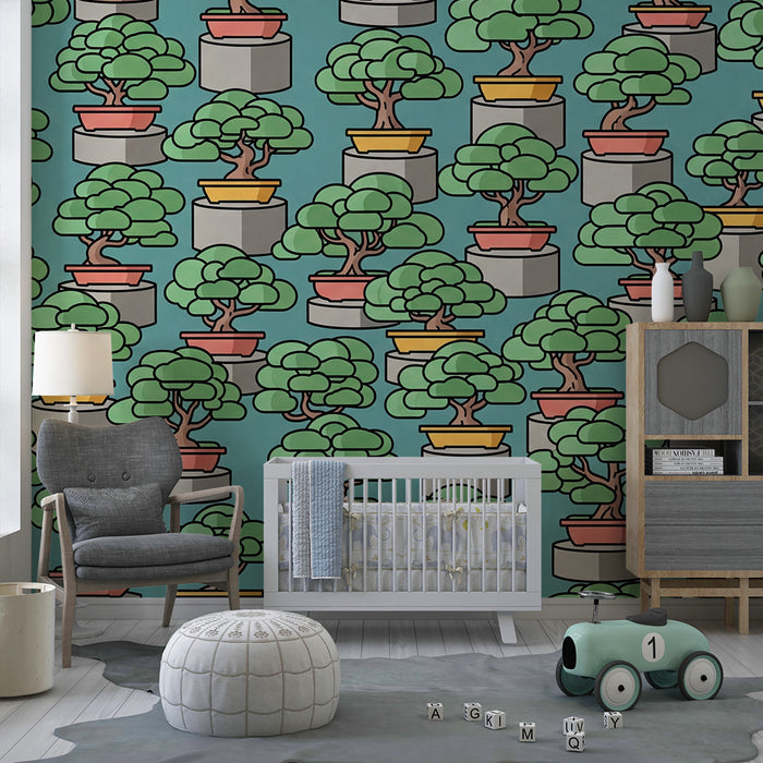 Behang kinderkamer | Kleurrijke bonsaibomen op turquoise achtergrond