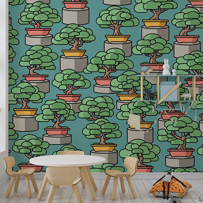 Behang kinderkamer | Kleurrijke bonsaibomen op turquoise achtergrond