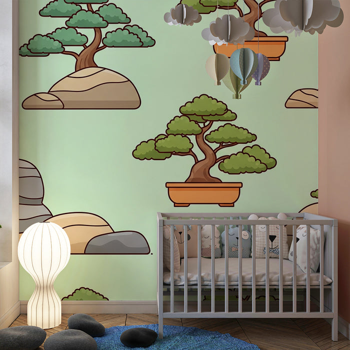 Tapete za dječju sobu | Bonsai i stijene na pastelnom podlogu