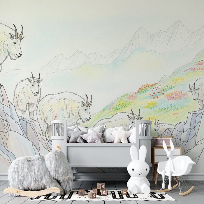 Kids room wallpaper | Mountain goats in the wild nature