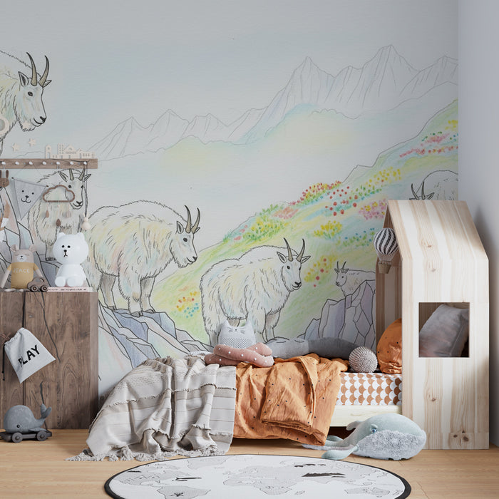 Kids room wallpaper | Mountain goats in the wild nature