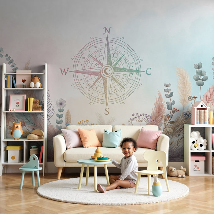 Kids room wallpaper | Delicate compass surrounded by pastel flowers and foliage