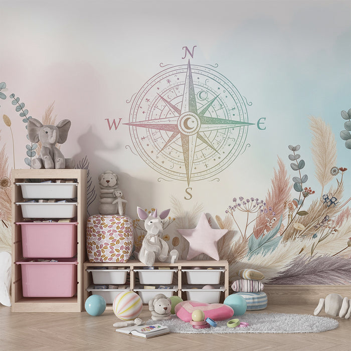 Kids room wallpaper | Delicate compass surrounded by pastel flowers and foliage