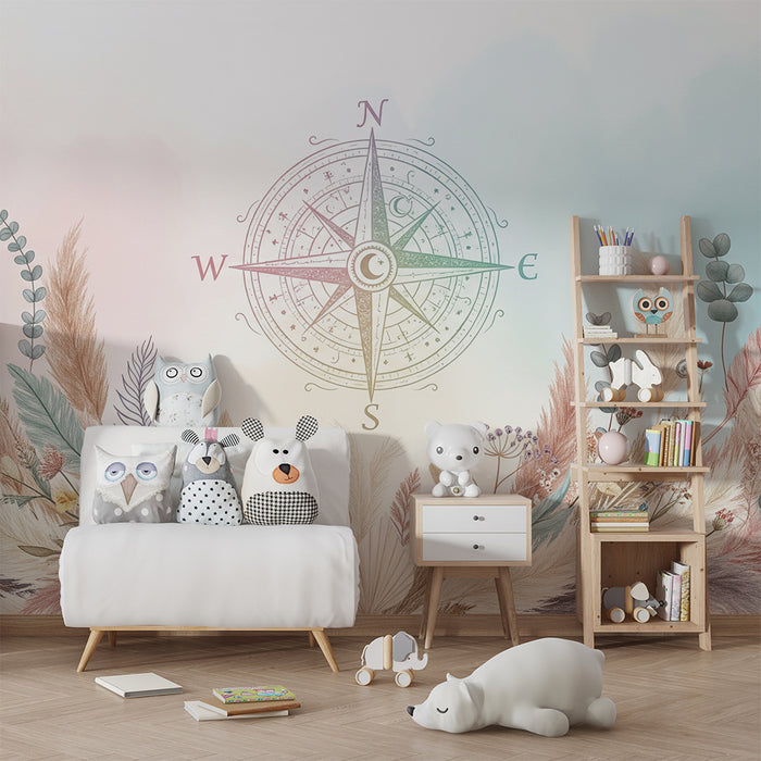 Kids room wallpaper | Delicate compass surrounded by pastel flowers and foliage