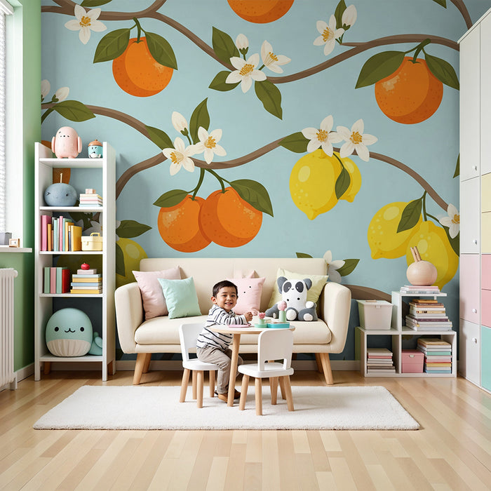 Kids room wallpaper | Citrus branches with oranges and blooming lemons