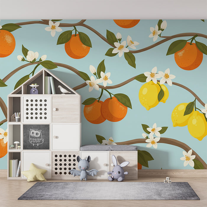Kids room wallpaper | Citrus branches with oranges and blooming lemons