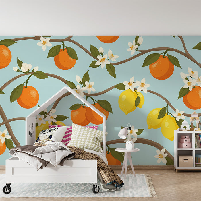 Kids room wallpaper | Citrus branches with oranges and blooming lemons