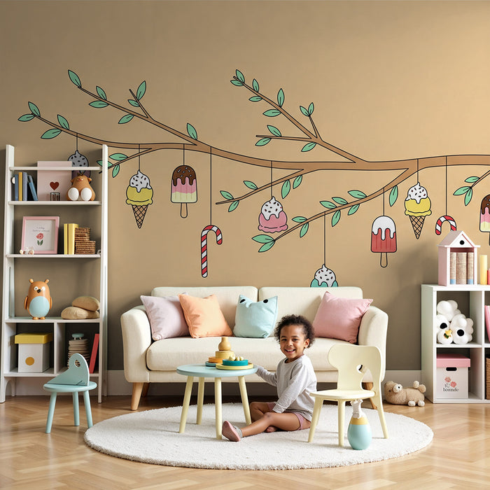 Kids' room wallpaper | Sweet branches with colorful ice cream