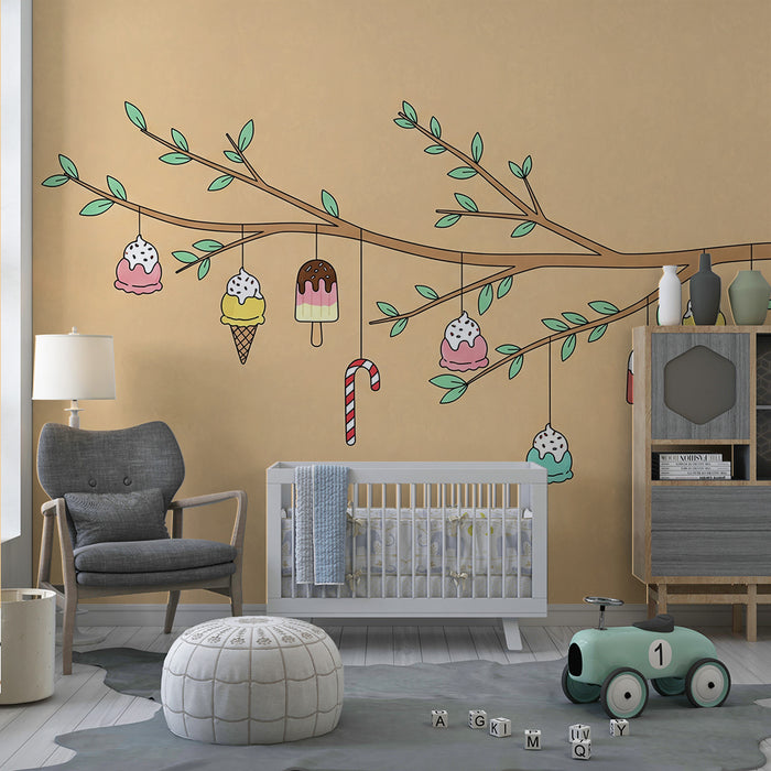 Kids' room wallpaper | Sweet branches with colorful ice cream