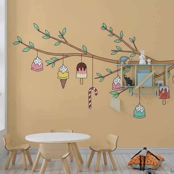 Kids' room wallpaper | Sweet branches with colorful ice cream