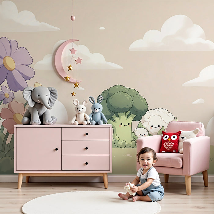Behang kinderkamer | Broccoli en bloemkool in een bloeiende tuin