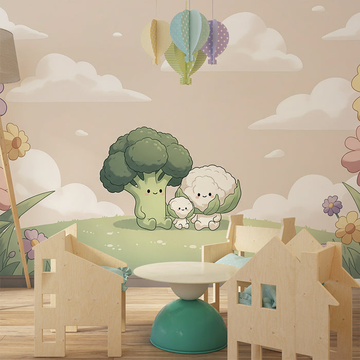 Behang kinderkamer | Broccoli en bloemkool in een bloeiende tuin