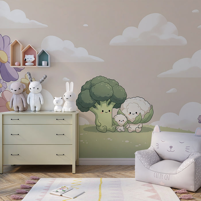 Behang kinderkamer | Broccoli en bloemkool in een bloeiende tuin