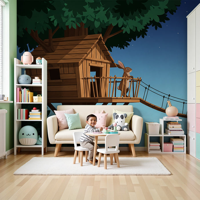 Kids' Room Wallpaper | Treehouse with a Curious Rabbit Under a Starry Sky