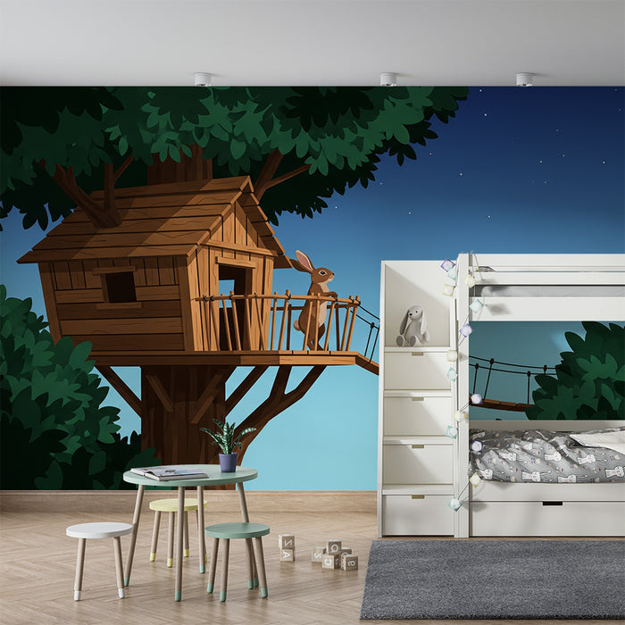 Kids' Room Wallpaper | Treehouse with a Curious Rabbit Under a Starry Sky