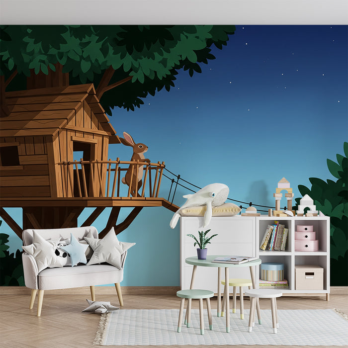 Kids' Room Wallpaper | Treehouse with a Curious Rabbit Under a Starry Sky
