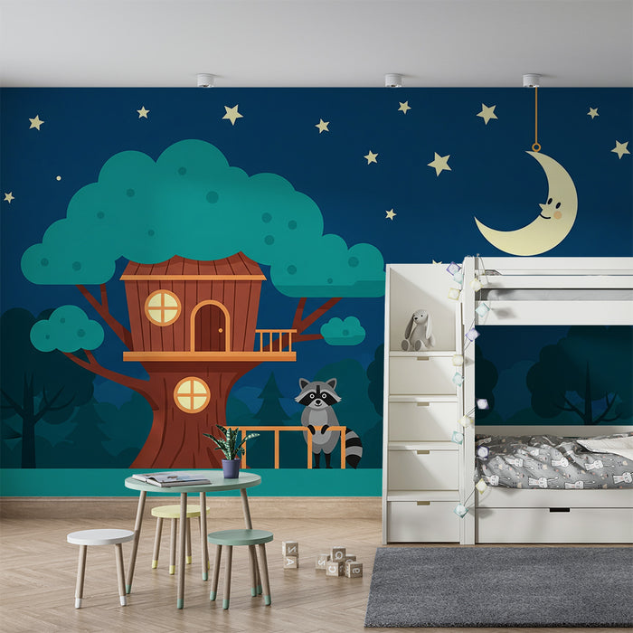 Kinderzimmer Tapete | Baumhaus mit Waschbär unter sternenklarem Himmel