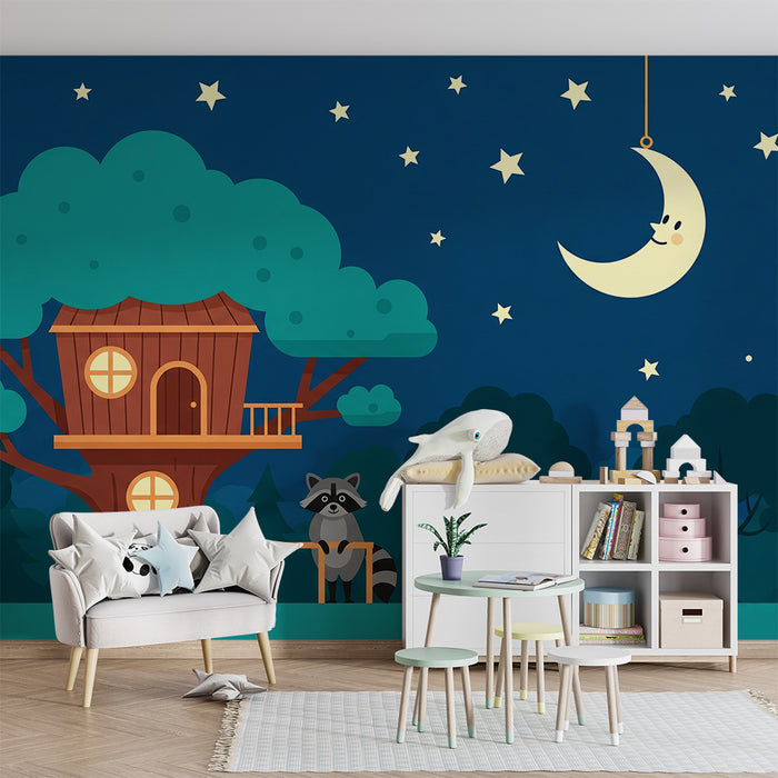 Kinderzimmer Tapete | Baumhaus mit Waschbär unter sternenklarem Himmel