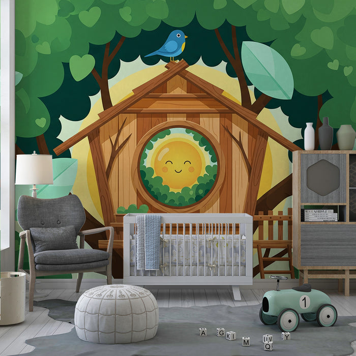Barnetapet for barn | Trehytte med en smilende sol og en blå fugl