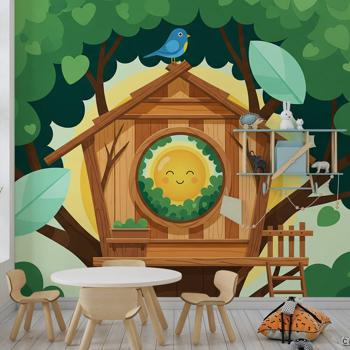 Barnetapet for barn | Trehytte med en smilende sol og en blå fugl
