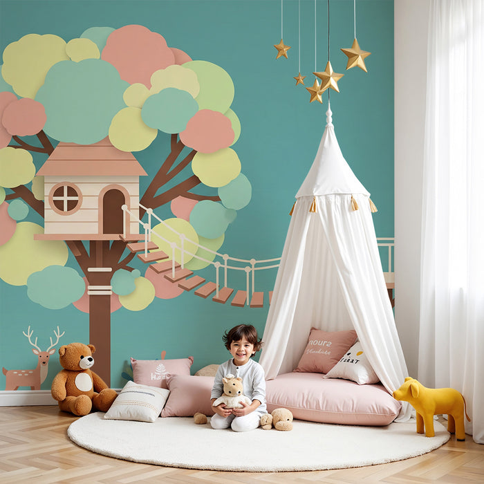 Behang kinderkamer | Kleurrijke boomhut met schattige dieren