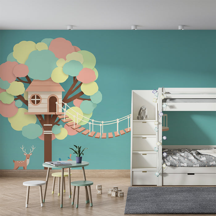 Behang kinderkamer | Kleurrijke boomhut met schattige dieren
