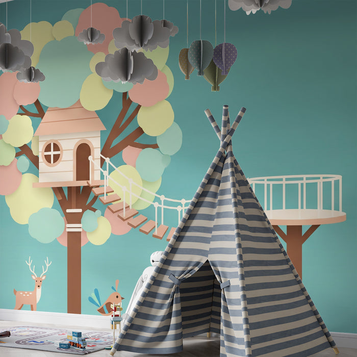 Behang kinderkamer | Kleurrijke boomhut met schattige dieren
