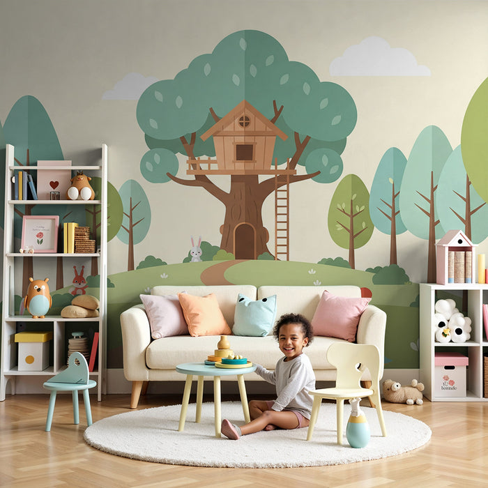 Papel de parede infantil | Cabana na árvore e animais da floresta