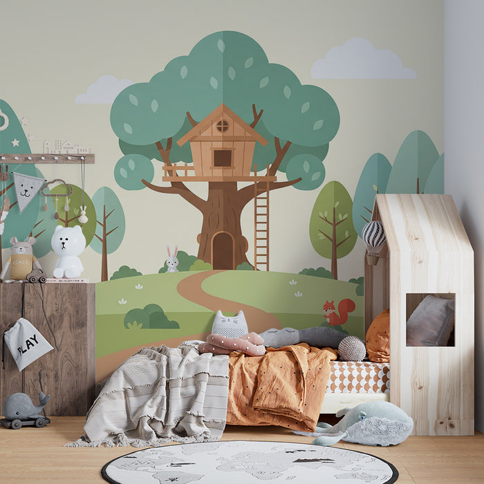 Papel de parede infantil | Cabana na árvore e animais da floresta