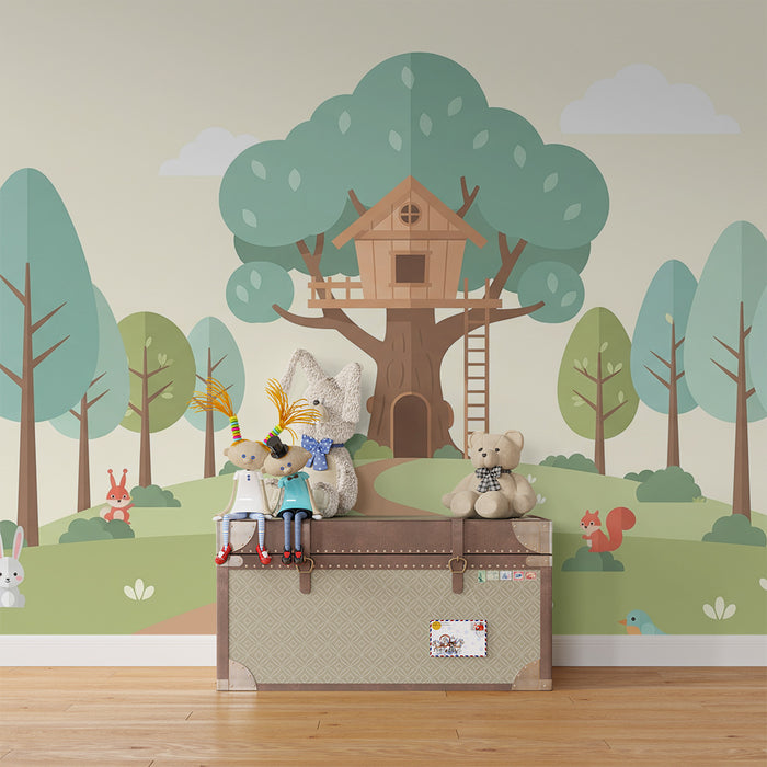 Papel de parede infantil | Cabana na árvore e animais da floresta