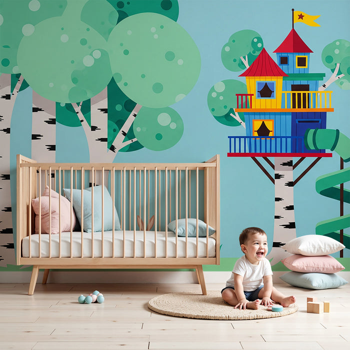 Kinderzimmer Tapete | Baumhaus und bunter Wald mit einem Hasen