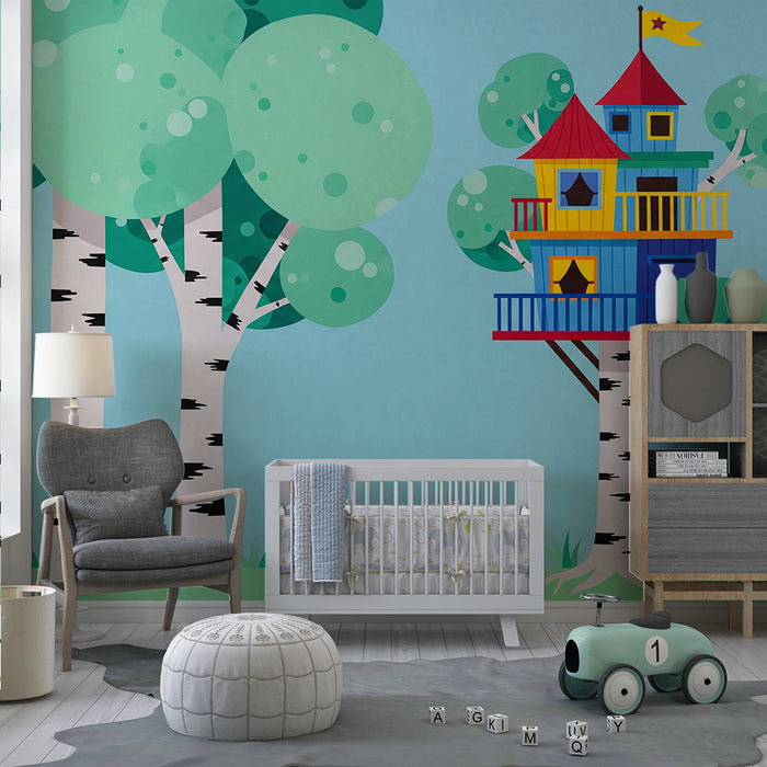 Kinderzimmer Tapete | Baumhaus und bunter Wald mit einem Hasen