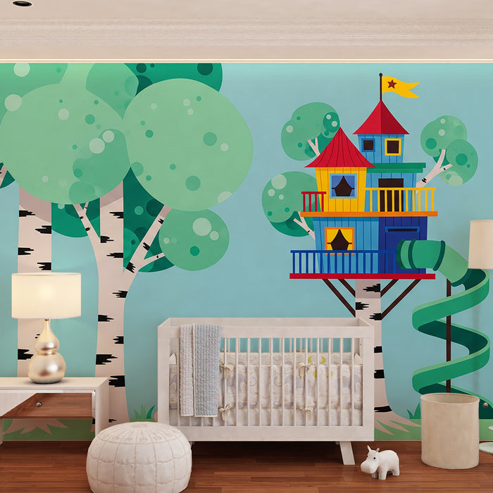 Kinderzimmer Tapete | Baumhaus und bunter Wald mit einem Hasen
