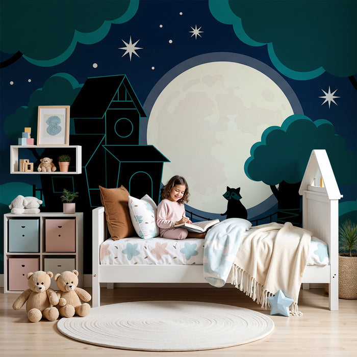 Papel pintado infantil | Cabaña en el árbol bajo la luna estrellada