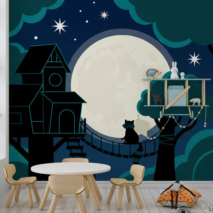 Papel pintado infantil | Cabaña en el árbol bajo la luna estrellada
