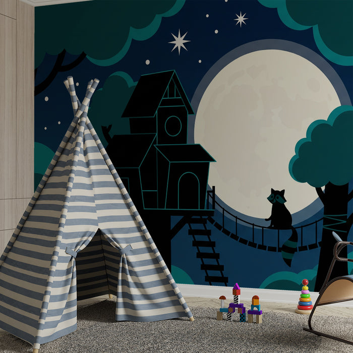Papel pintado infantil | Cabaña en el árbol bajo la luna estrellada