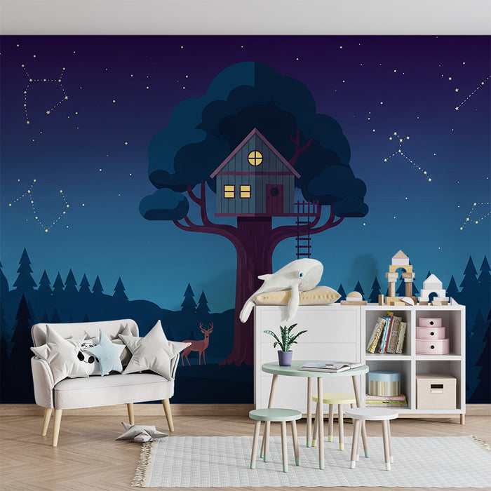 Kinderzimmer Tapete | Baumhaus unter dem Sternenhimmel