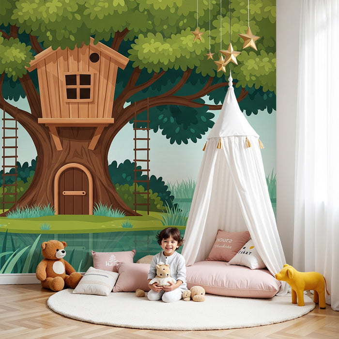 Kinderzimmer Tapete | Baumhaus am Wasser mit Hirsch