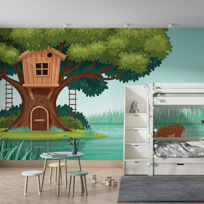 Kinderzimmer Tapete | Baumhaus am Wasser mit Hirsch