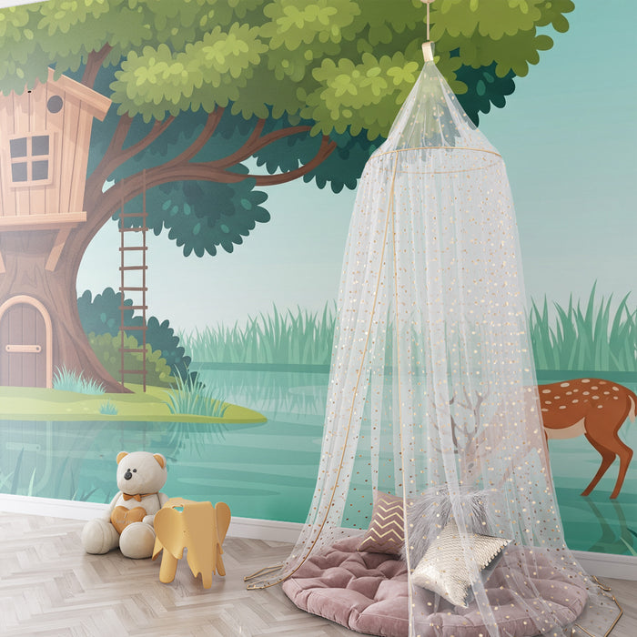 Kinderzimmer Tapete | Baumhaus am Wasser mit Hirsch