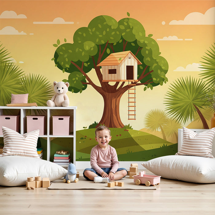 Behang kinderkamer | Boomhut bij zonsondergang