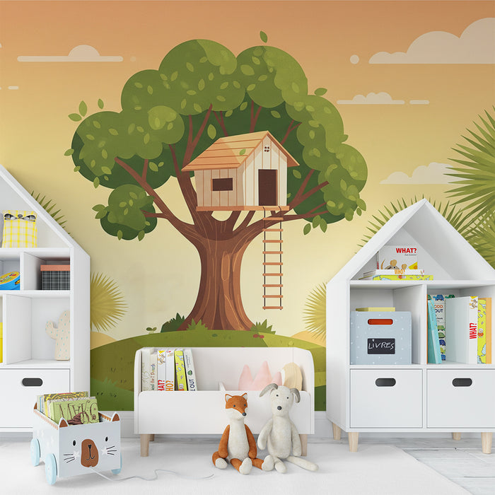 Behang kinderkamer | Boomhut bij zonsondergang