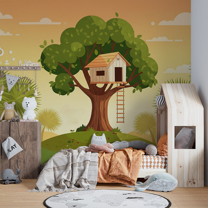Behang kinderkamer | Boomhut bij zonsondergang