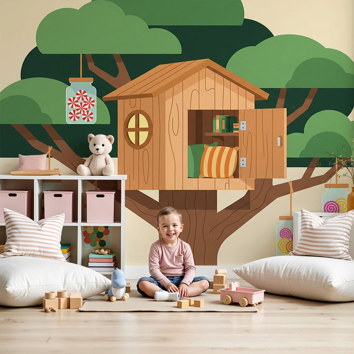 Behang kinderkamer | Boomhut met kleurrijke snoepjes