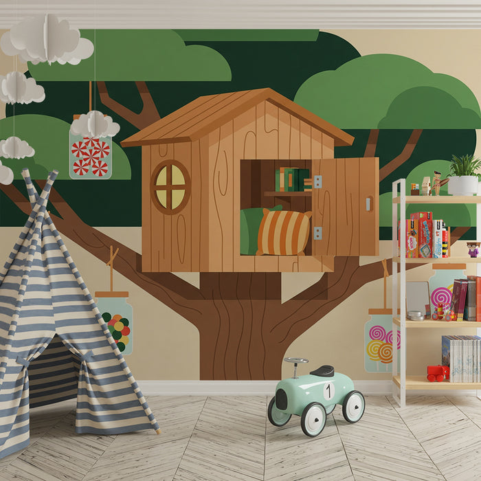 Behang kinderkamer | Boomhut met kleurrijke snoepjes