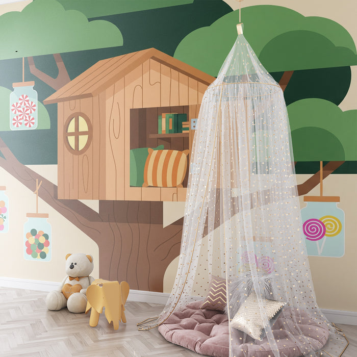 Behang kinderkamer | Boomhut met kleurrijke snoepjes