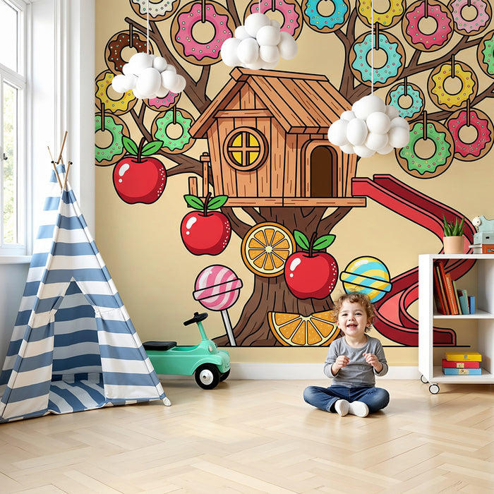 Behang kinderkamer | Boomhut met kleurrijk snoep en fruit
