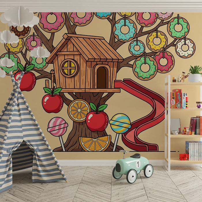 Behang kinderkamer | Boomhut met kleurrijk snoep en fruit